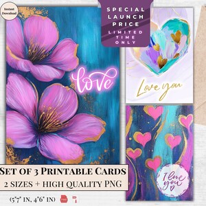 Cartes de voeux imprimables aquarelle pour la Saint-Valentin, lot de 3 modèles | Carte postale aquarelle d'amour | Téléchargement numérique | Design moderne et élégant