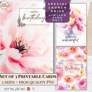Cartão de Aniversário Elegante - Cartão de Feliz Aniversário para Ela para Imprimir, Buquê Pastel, Cartão Eletrônico para Download Instantâneo e Design Floral | Cartão Eletrônico Digital de Aniversário