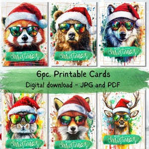 Cartes de Noël imprimables | E-Cartes Animaux mignons | Noël PNG | Carte postale festive | Téléchargement instantané | postale lunatique | Cartes festives