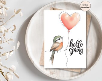Lente vogel wenskaart - Hello Spring afdrukbare - Paaskaart voor oma, opa, vader, broer, man, kinderen - Instant Download