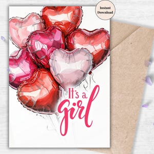 Heart Balloon Baby Girl Card – It’s a Girl Printable Card with Red & Pink Shiny Balloon Illustration | Instant Download for New Mom and Dad