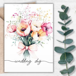 Watercolor Wedding Day Printable - Soft Floral Bouquet Digital Card, Romantic Marriage Greeting, Just Married Keepsake, Instant Download