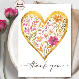 Gold Heart Botanical Thank You Card – Elegant Floral Printable Note for Friend, Family, Client or Weddings | For Mom, Sister, Aunt, In Laws
