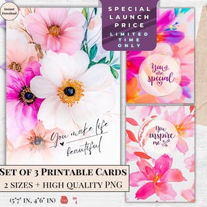 Bilhetes de amor para impressão - Conjunto de saudação floral digital - Desejos de incentivo e aniversário | Cartão You inspire me neon brilhante | Florais para ela
