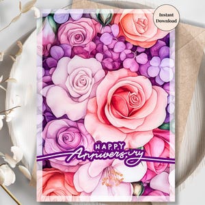 Cartão de aniversário floral roxo para impressão – Paleta de cores romântica de rosas e uvas Cartão digital para casais ou mensagem de presente de casamento | Para ela