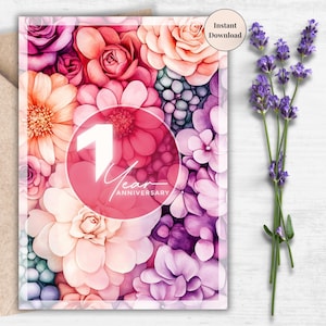 1 Year Anniversary Card - Floral Printable Milestone Card, Romantic Keepsake for First Year of Marriage, Digital Art Download | One year