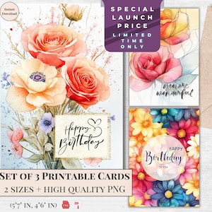 Tarjeta de cumpleaños con arcoíris: descarga digital imprimible / Tarjeta de feliz cumpleaños para ella / Tarjeta electrónica con rosas y flores silvestres en acuarela / Descarga instantánea
