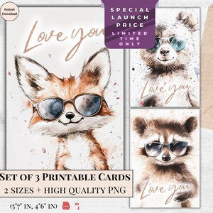 Cartão Love You Aquarela Animais Fofos Cartões de felicitações para impressão Pacote com 3 designs | Download digital | Cartão eletrônico Valentine Design moderno e elegante