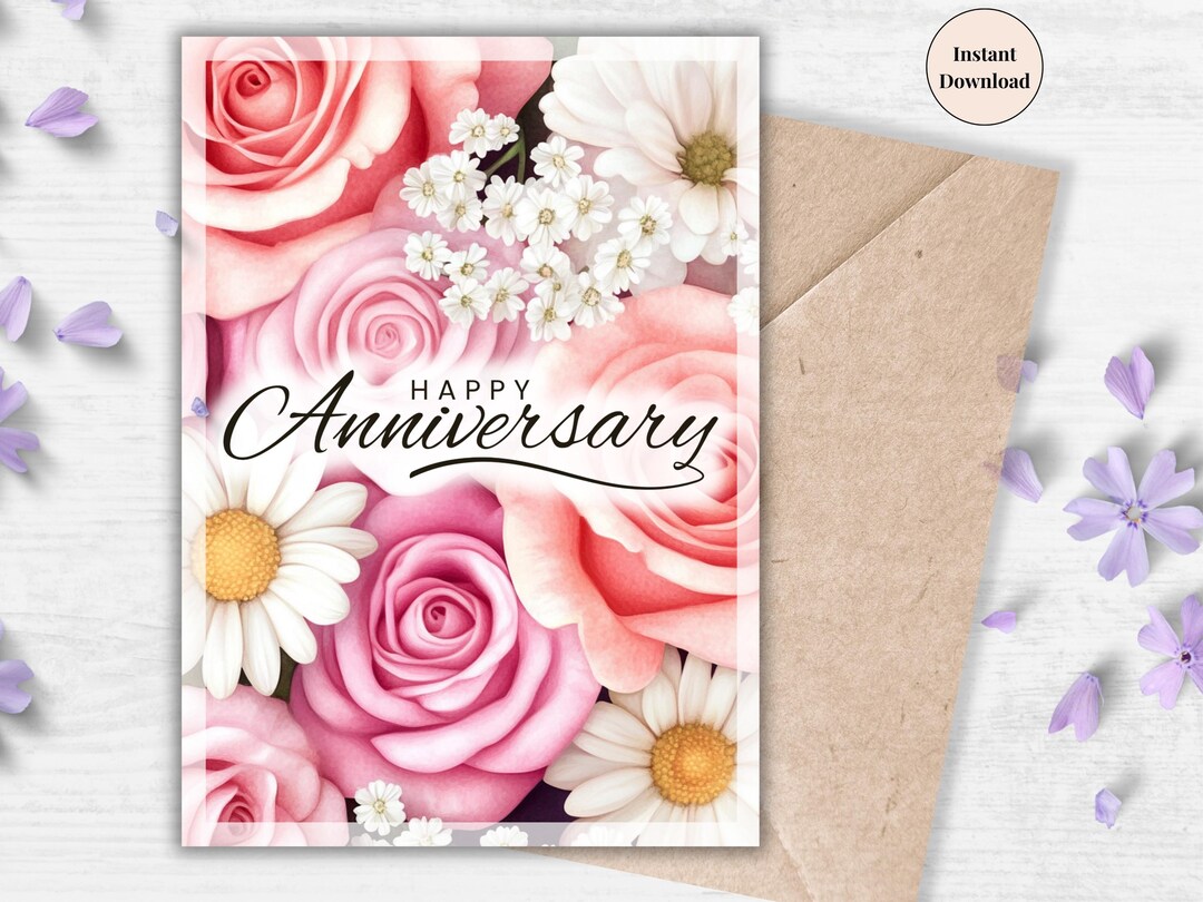 Pink Rose Anniversary Card: Floral Love (PDF & PNG) - Etsy