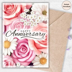 Romantische roze roos madeliefje verjaardagskaart – afdrukbare bloemenwenskaart voor stel, vrouw, haar, vriendin, partner of huwelijksfeest