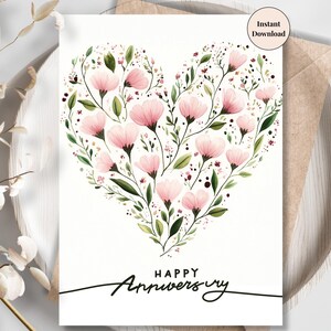 Romantische afdrukbare verjaardagskaart met roze bloemenhart – Elegante digitale groet voor vrouw, echtgenoot, vriendin, partner, stel | Haar of hem