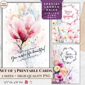 Aquarelle pastel imprimable Cartes de voeux Saint-Valentin | Lot de 3 superbes designs | Je t'aime Ecard | Téléchargement numérique | Art Moderne Fleur