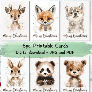 Tarjetas navideñas imprimibles / Animales del bosque en acuarela / Tarjeta electrónica navideña PNG / Tarjeta electrónica festiva / Descarga instantánea / Postal en acuarela