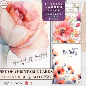 Conjunto de cartões de aniversário florais | Cartões de feliz aniversário para impressão para ela, design fofo em aquarela, download instantâneo de cartão eletrônico | Cartão eletrônico de papoulas vermelhas