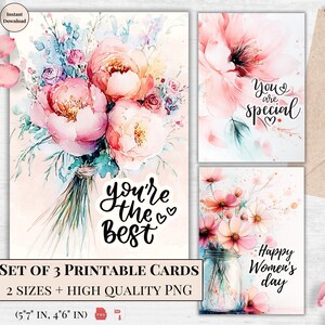 Cartes imprimables pastel pour la Journée de la femme - Ensemble de voeux floraux édifiants avec pivoines et fleurs de cerisier - parfaits pour les mamans, les sœurs et les amis