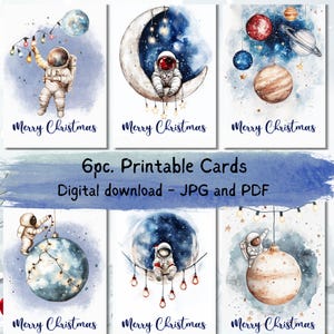 E-card per le feste cosmiche: cartoline natalizie carine con acquerello spaziale / download digitale Saluti dell'universo