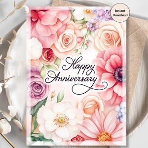Tarjeta imprimible de aniversario con flores suaves: romántica tarjeta de acuarela con un jardín de flores para tu esposa, novia o pareja. Descarga digital. Estampado de flores.