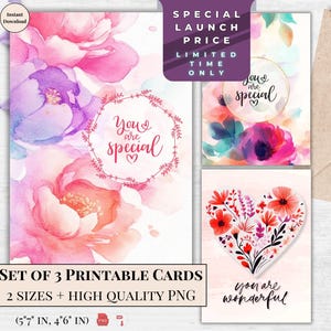 Juego de tarjetas de felicitación con motivos florales: tarjetas con notas en acuarela, papelería imprimible, impresión digital, tarjeta electrónica "Eres especial", arte de tarjeta electrónica descargable con motivos florales