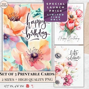 Élégantes cartes d'anniversaire à imprimer - Ensemble de voeux floral aquarelle - Téléchargement numérique instantané - Beau cadeau pour elle, maman, un ami qu'elle aime