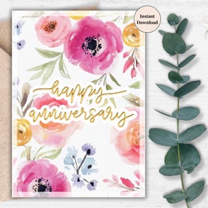 Verjaardagskaart met kleurrijke bloemen – moderne heldere afdrukbare digitale groet voor stel, vrouw, haar, partner of romantisch | Bloemenpatroon