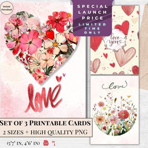 Aquarelles, je t'aime, lot de 3 à imprimer | Carte postale rouge moderne élégante | Téléchargement numérique instantané | Fleurs coeur rouge