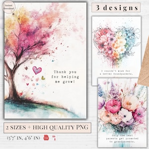 Paquete de 3 diseños de tarjetas de felicitación para abuelos / Tarjetas de felicitación imprimibles / Tarjeta electrónica para la mejor abuela / Gracias y te amo / Descarga digital