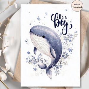 It’s a Boy Whale Baby Card - Ocean Baby Shower or Birth Announcement - Nautical Printable Card, Instant Download for New Parents | Mom-to-be