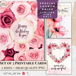 Carte d'anniversaire élégante - carte de joyeux anniversaire imprimable pour elle, conception florale moderne de coeur, carte électronique à téléchargement immédiat, décoration rose et rouge rose