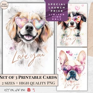 Afdrukbare Valentijnskaarten met aquarellen Bundel van 3 ontwerpen | Ecard met schattige dierenhartzonnebril hondeneditie | Digitale download