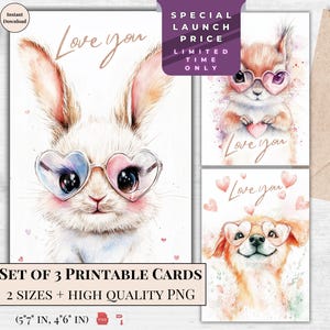 Pacote de cartões de felicitações de dia dos namorados para impressão em aquarela com 3 designs | Óculos de sol fofos em formato de coração de animal em aquarela Ecard | Download digital