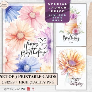 Juego de tarjetas de cumpleaños con encantadoras margaritas / Tarjeta de felicitación floral imprimible / Deseos de cumpleaños en acuarela pastel / Regalo de descarga instantánea de flores para ella