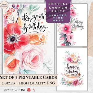 Printable Birthday Card Set – Watercolor Floral Digital Greeting Cards for Her – Instant Download Female Celebration Gift | Happy Cakeday