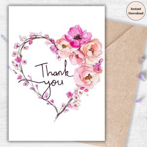 Heart-Shaped Floral Thank You Card – Romantic Printable Greeting with Watercolor Branch and Flowers for Friend, Family or Wedding | For Her