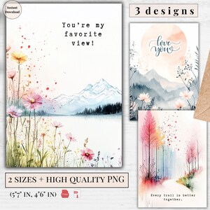 Tarjetas de felicitación de San Valentín para imprimir en acuarela. Lote de 3 diseños. Citas de amor en la montaña con aventuras. Descarga digital. Diseño de naturaleza.