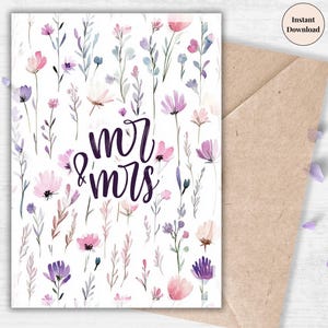 Mr & Mrs druckbare Karte - Blumenhochzeit, romantisches Brautpaar Geschenk, digitale Ehe Andenken, sofort Download | Minimalistische Blume