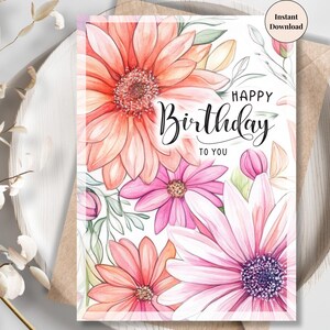 Pink Flower Birthday Card – Bold Modern Watercolor Design for Her, Printable Greeting for Daughter, Wife, Step Mom, Niece or Friend