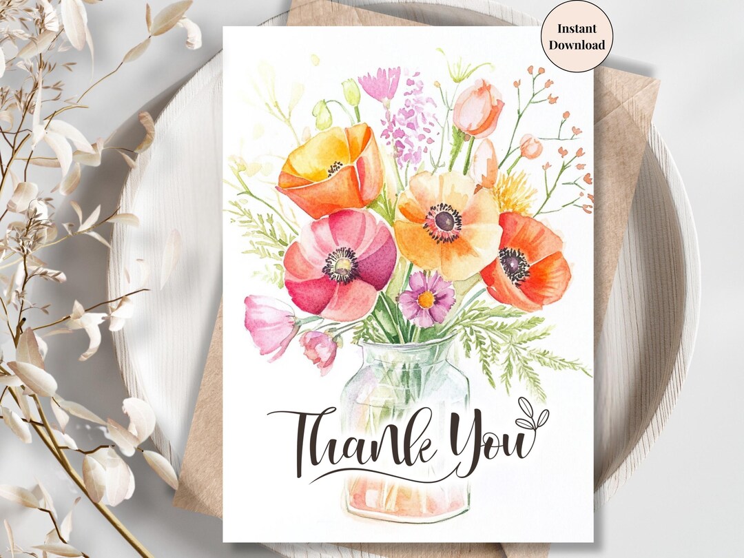 Watercolor Wildflower Thank You Card: Floral Bouquet (printable PDF) - Etsy