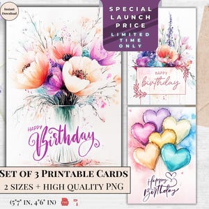 Cartão de aniversário de flores em aquarela Cartão de felicitações para impressão | Feliz aniversário | Download digital | Ecard Aniversário | Download instantâneo Ecard