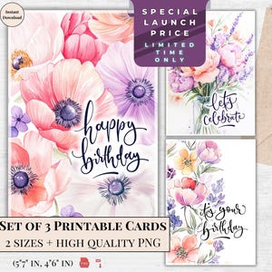 Conjunto de cartões de aniversário florais elegantes - Cartões de felicitações em aquarela para impressão para celebrações especiais - Presente digital para download instantâneo | Para ela