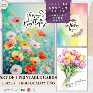 Cartões de aniversário florais em tons pastel - Saudações em aquarela para impressão - Presente digital para mulheres | Prado de flores selvagens | Impressão artística de buquê de tulipas