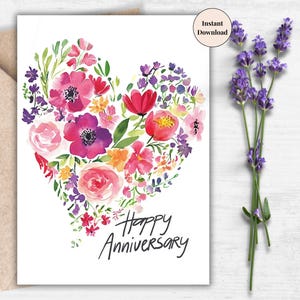 Biglietto di auguri per l'anniversario con cuore floreale in acquerello stampabile - Saluto digitale per coppia, moglie o fidanzata / Amore romantico stampabile / Amore floreale