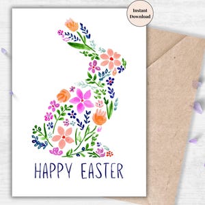 Watercolor Easter Bunny Printable Card | Floral Spring Digital Download | Happy Easter Card for Mom | Instant Download Bunny Art for Her