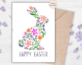 Floral Watercolor Easter Bunny Card | Spring Bunny Art (Digital Download)