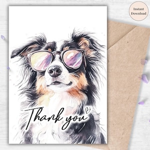 Hund mit Sonnenbrille Dankeskarte - Druckbare Hunde-Liebhaber-Karte für Kunden, Kollegen, Familie, Tiersitter oder alltägliche Dankbarkeit | Cool Danke
