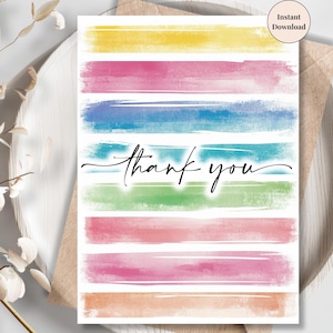 Watercolor Rainbow Stripes Thank You Card – Printable Modern Rainbow Appreciation Card for Men, Women, Family, Friends, Teachers or Customer