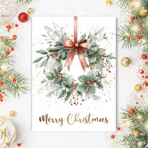 Tarjetas navideñas de acuarela imprimibles / Kit exclusivo para hacer tarjetas / Corona festiva PNG / Descarga instantánea / Postal de acuarela / Tarjetas festivas