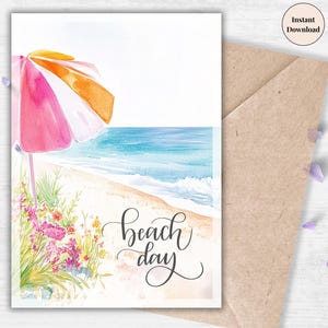 Beach Day Summer Printable Card – Watercolor Umbrella Scene with Ocean View, Relaxing Vacation Greeting Card or Art Decor | Instant download
