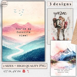 Cartões de felicitações de dia dos namorados para impressão em aquarela Pacote com 3 designs | Amor na montanha com citações de aventura | Download digital | Design da natureza