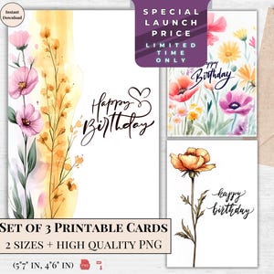 Minimalistische botanische verjaardagskaarten - elegante afdrukbare bloemengroetset - Instant digitale download voor doordachte handgemaakte wensen van haar