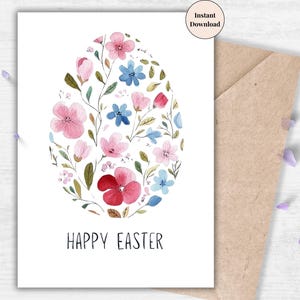 Happy Easter Card with Watercolor Floral Egg – Printable Easter Card for Kids, Friends, Teachers or Neighbors, Spring Pastel Art E-card